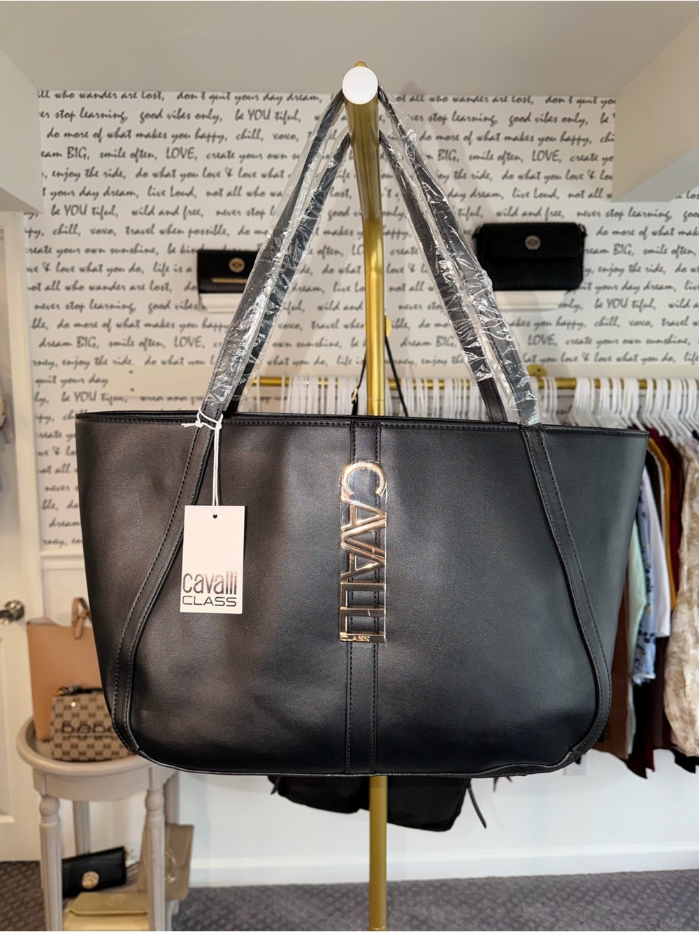 NWT Cavalli Class Black Leather Tote with Logo Plaque